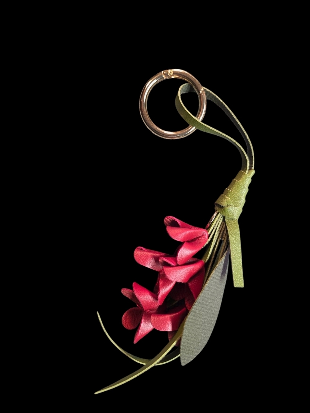 Red Vegan Leather Flower Bag Chsrm Keychain with Olive Green Strap
